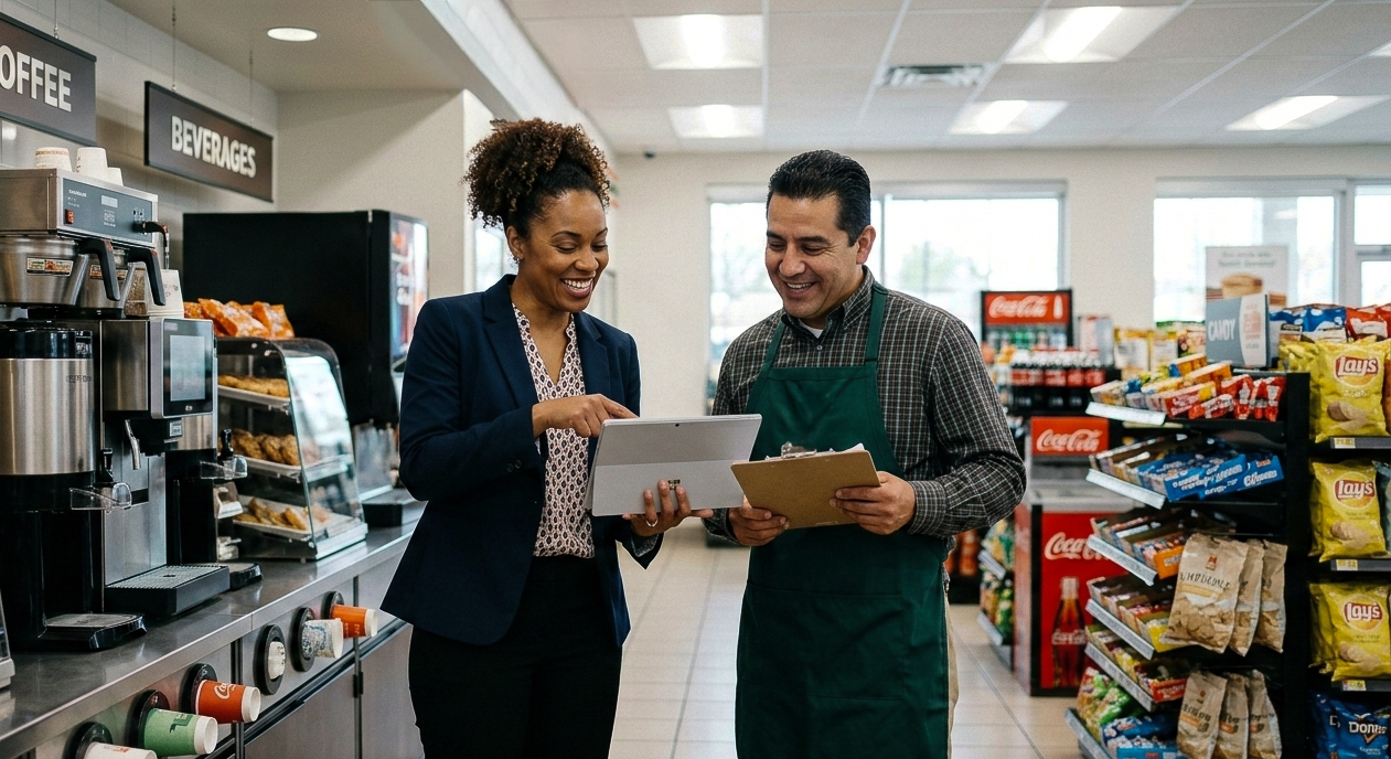 Sales rep helping store place order