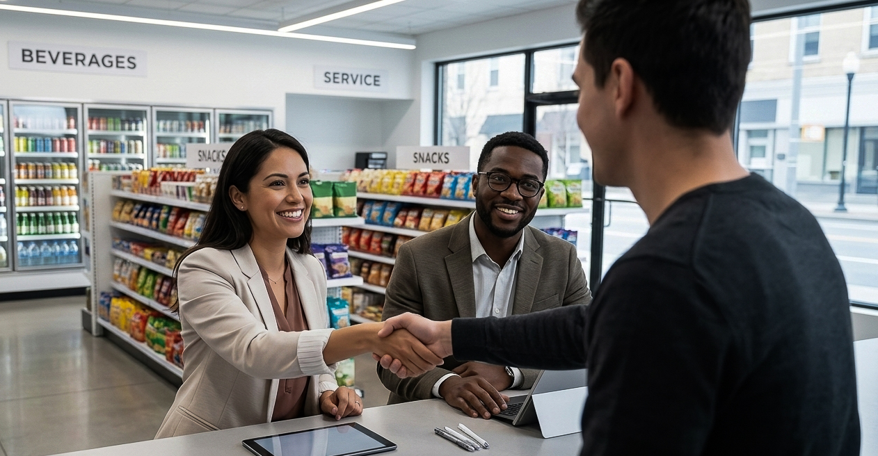 Retail sales representative meeting with store owner